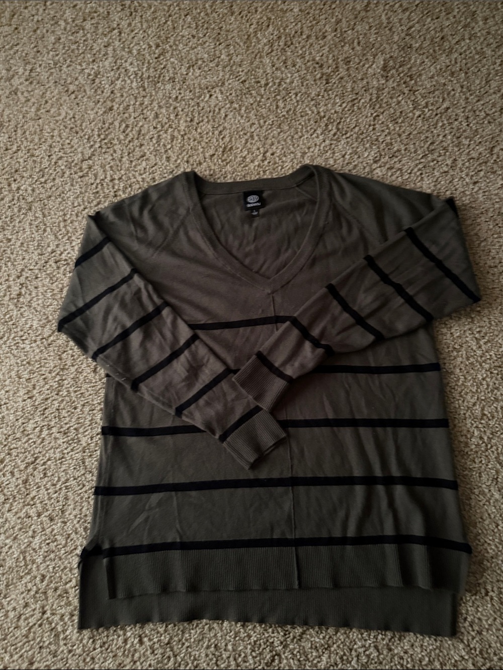 bobeau Olive Green V-Neck Sweater with Black Stripes
